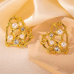 Woven Heart Gold Plated Earrings with Pearls & Crystals