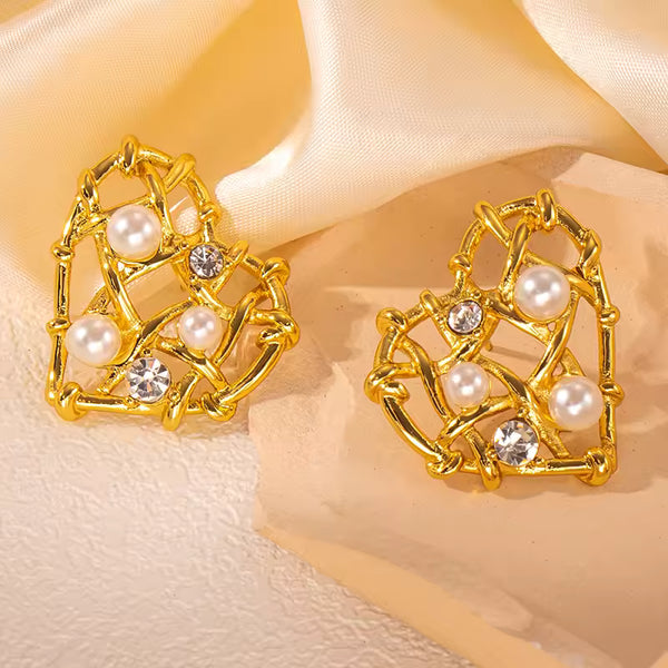 Woven Heart Gold Plated Earrings with Pearls & Crystals