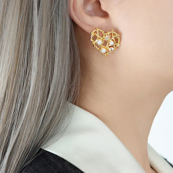 Woven Heart Gold Plated Earrings with Pearls & Crystals