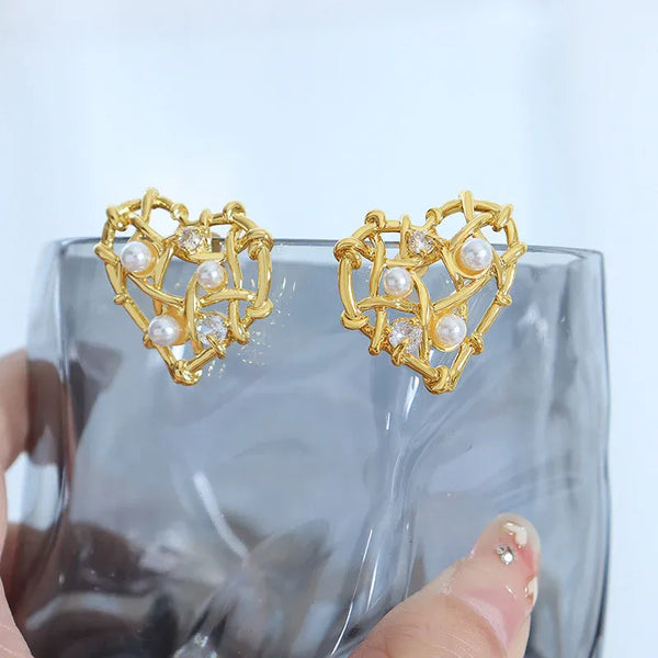 Woven Heart Gold Plated Earrings with Pearls & Crystals