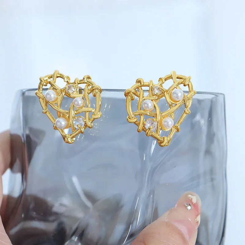 Woven Heart Gold Plated Earrings with Pearls & Crystals
