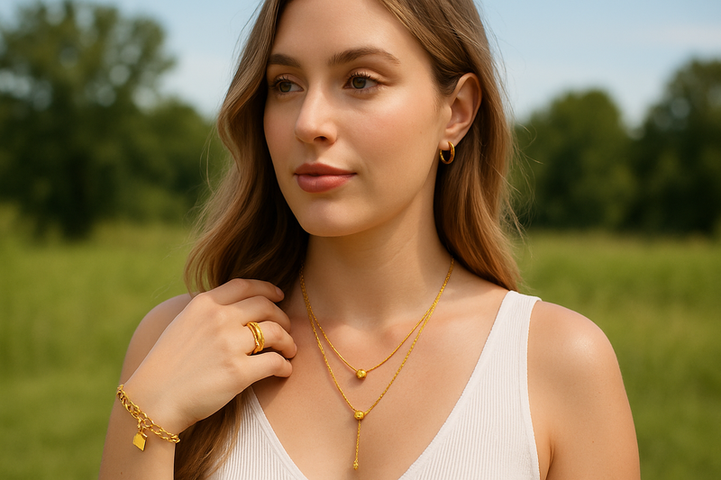  Woman wearing gold jewelry outdoors 